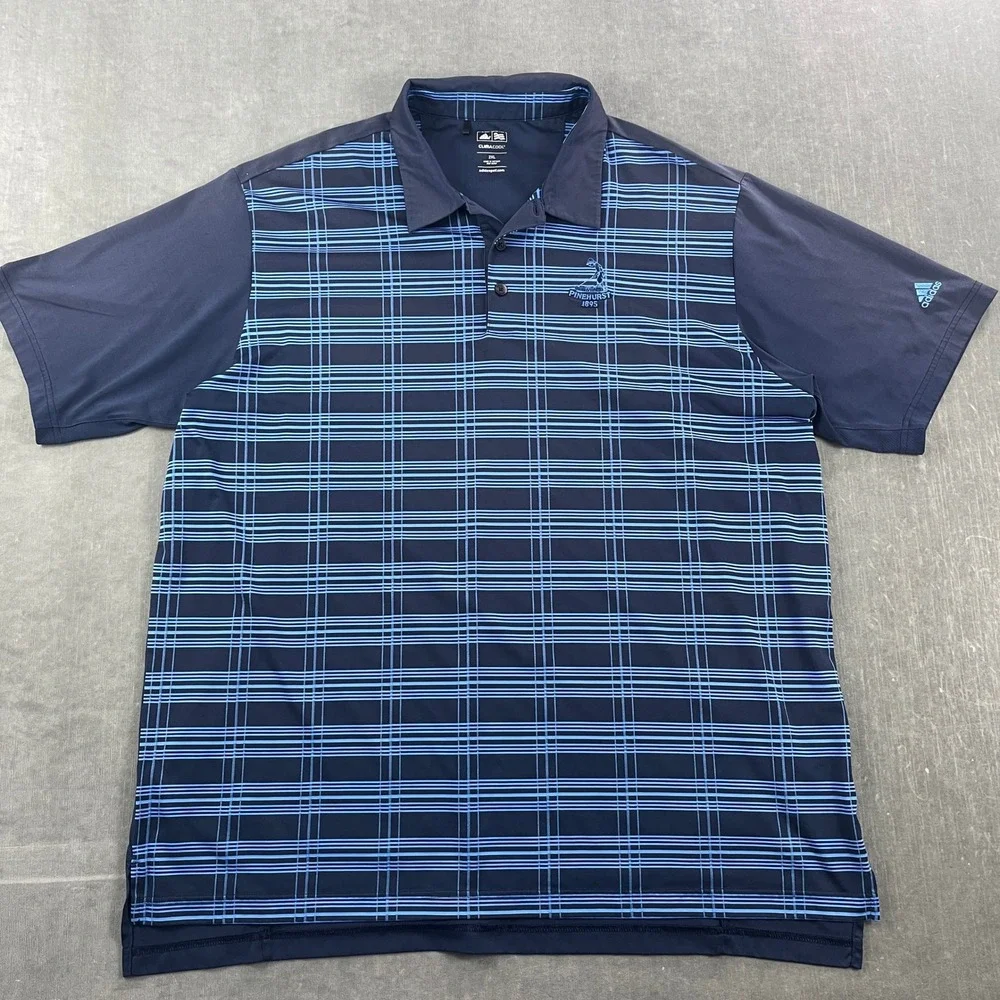 Adidas Mens XXL Blue Polo‎ Shirt Pinehurst Golf ClimaCool Plaid Stripe